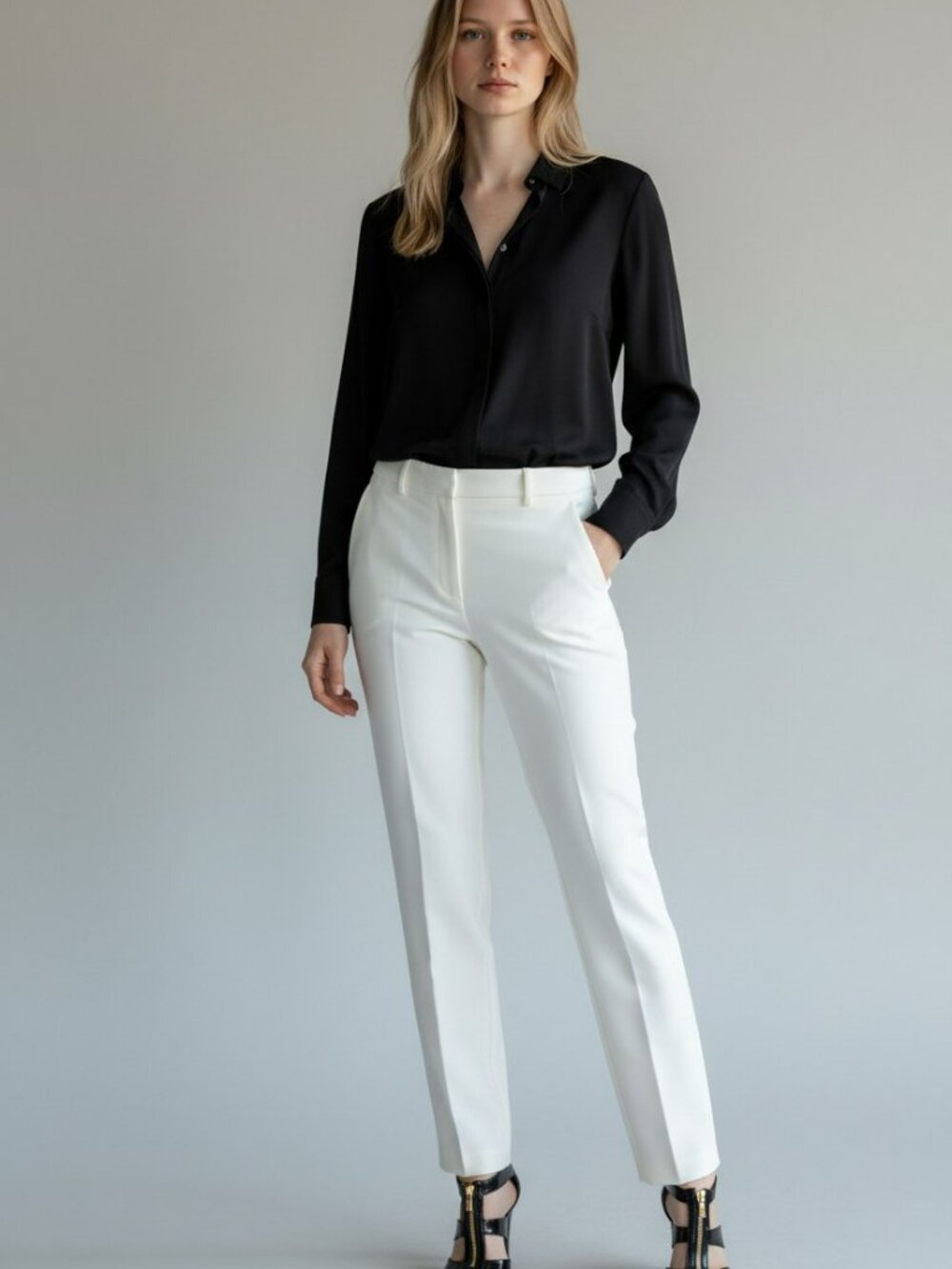 Donna Karan New York Black Collared Blouse Gold Button Detail Size S